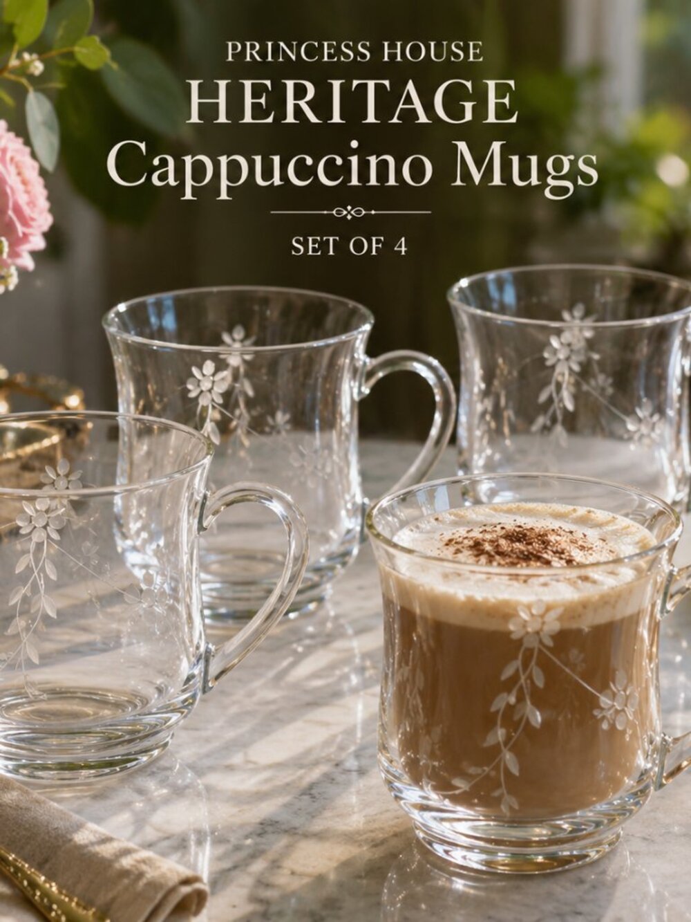 Princess House Heritage Cappuccino Mugs Set of 4 — Vintage Etched Crystal #580